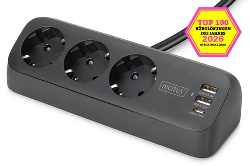 3-Wege-Büro-Steckdosenleiste - 2x USB-A + 1x USB-C - 3680W + 12W + 30W - 1,5m - Schwarz