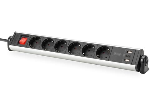Multiprise de bureau 6 voies avec 3x ports USB - Boîtier en aluminium - Noir/Argent