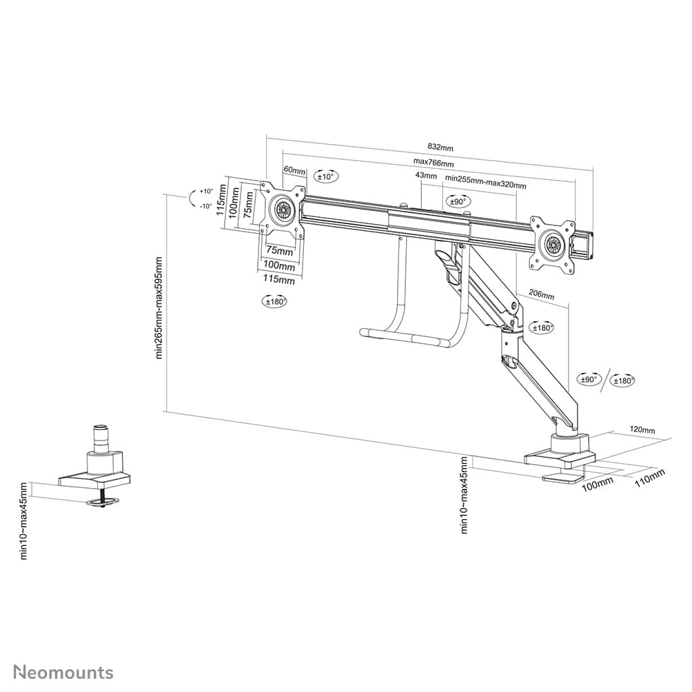 Dual Crossbar Monitor Arm - 10-32inch - 1-8 kg/screen - Gas Spring - 180 Degrees - Stop Mechanism - Topfix - Black — photo 18 of 18