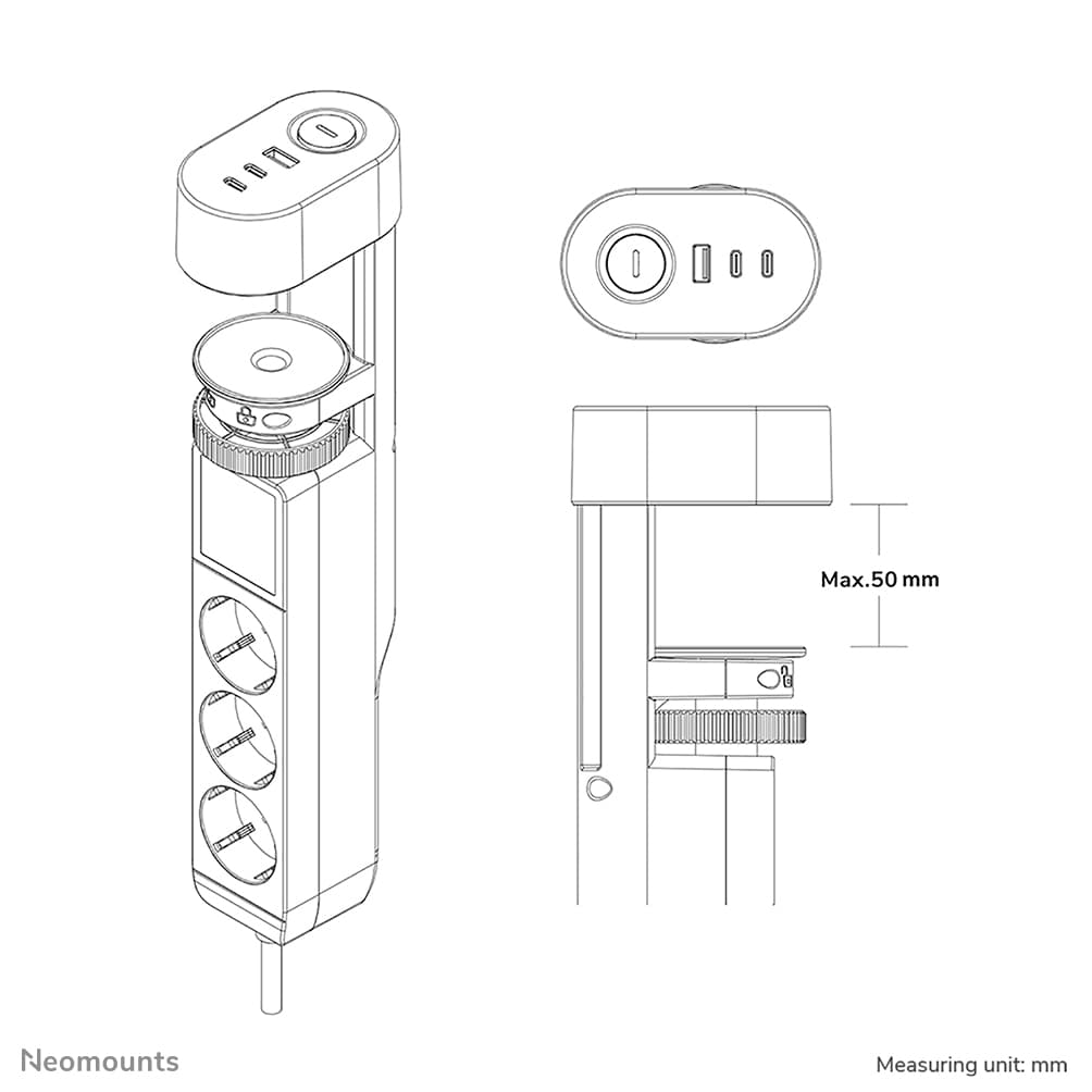 Prise de bureau VOLT avec bride - 2 x USB-C (20W) - 1x USB-A (18W) - 3 x 230V. - Type de fiche F - 3680 Watts- 1,4 m Câble - Blanc — photo 16 sur 16
