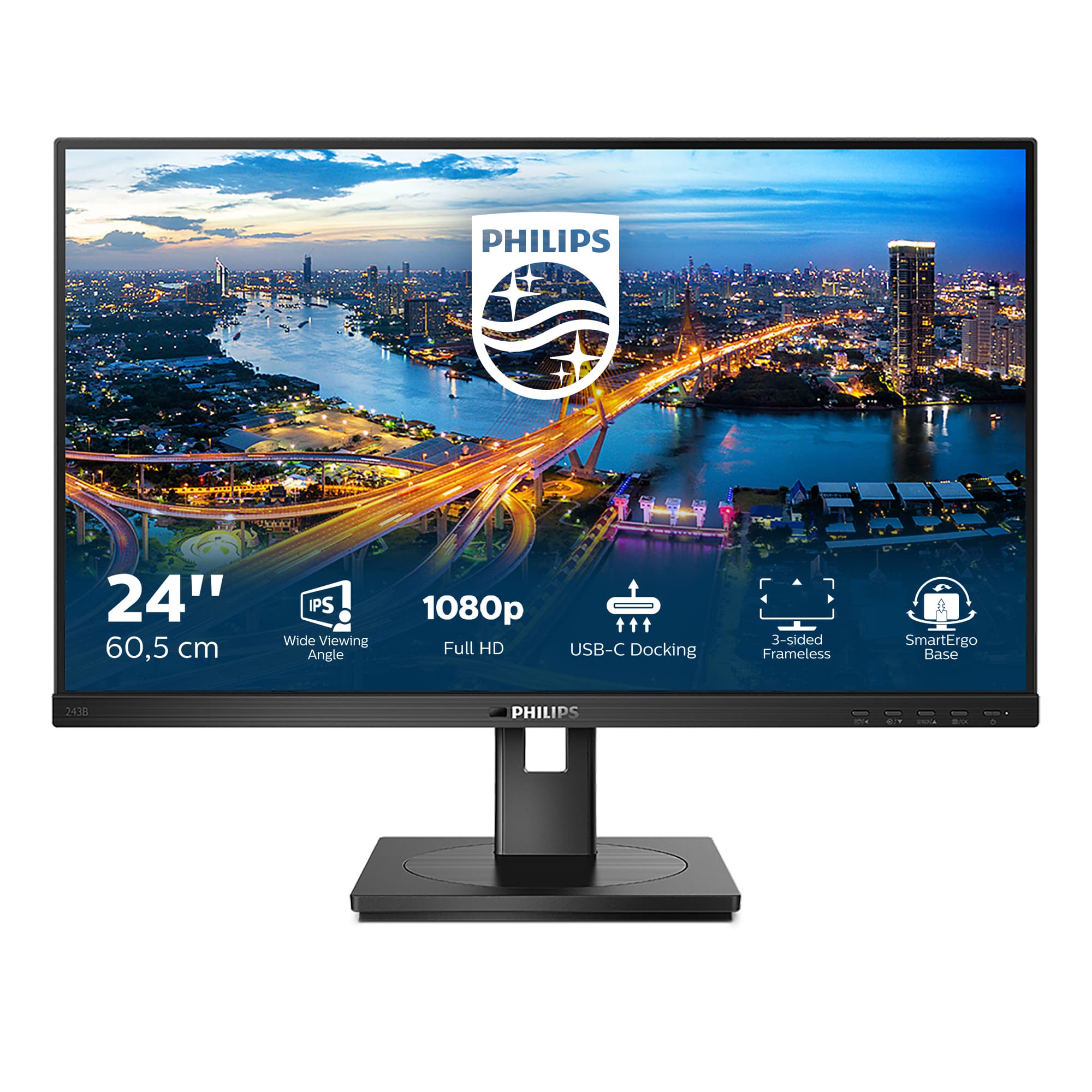 Moniteur Philips B-Line 24 pouces Full HD IPS LED avec dock USB-C, Pivot / HAS / RJ45