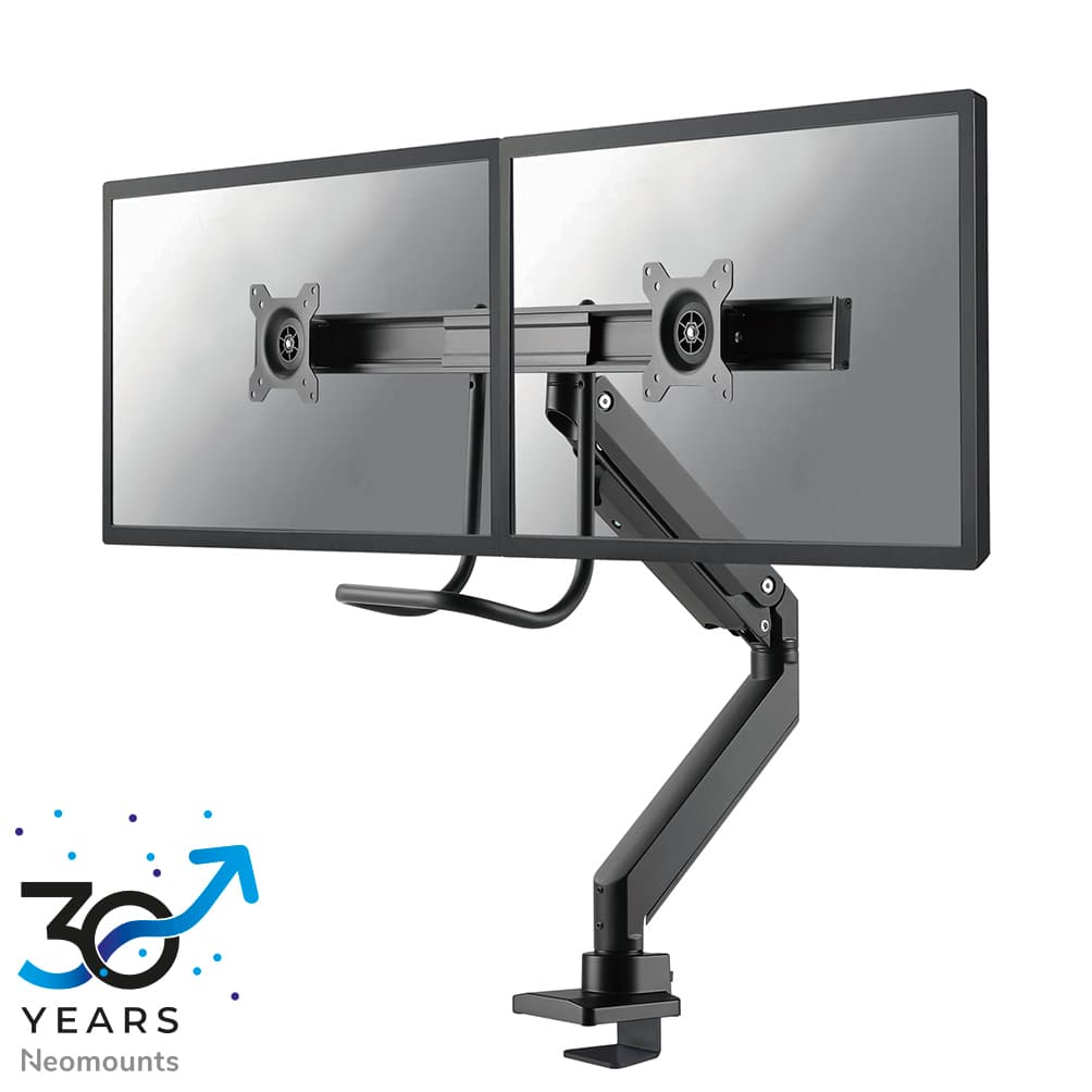 Dual Crossbar Monitor Arm - 10-32inch - 1-8 kg/screen - Gas Spring - 180 Degrees - Stop Mechanism - Topfix - Black